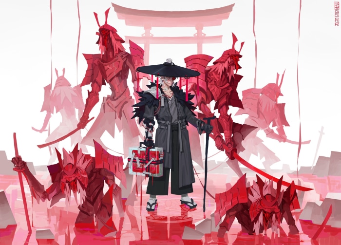 Fantasy Samurai with Red Armored Warriors