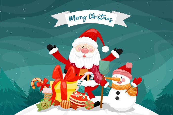 Santa Claus and Snowman with Christmas Gifts