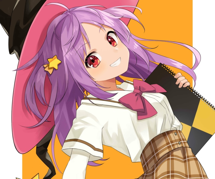 Girl with purple hair and witch hat holding a notebook