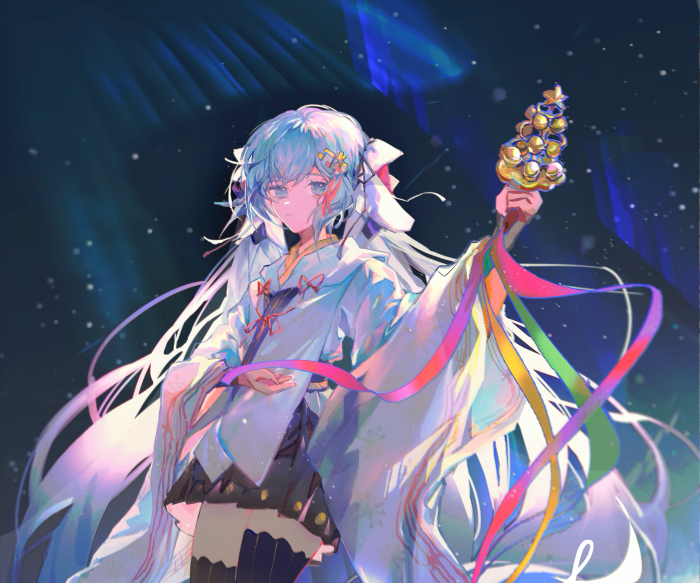 Hatsune Miku holding a golden staff with ribbons