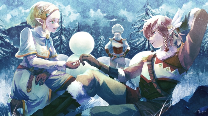 Zelda and Link from The Legend of Zelda in a snowy forest