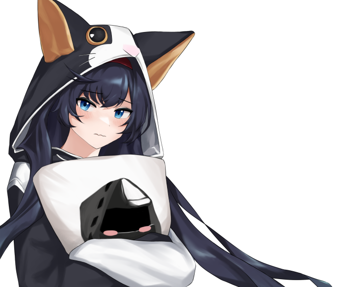 Girl in cat hoodie holding onigiri pillow