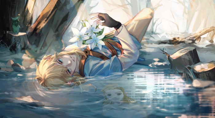 Link from The Legend of Zelda: Breath of the Wild lying in water