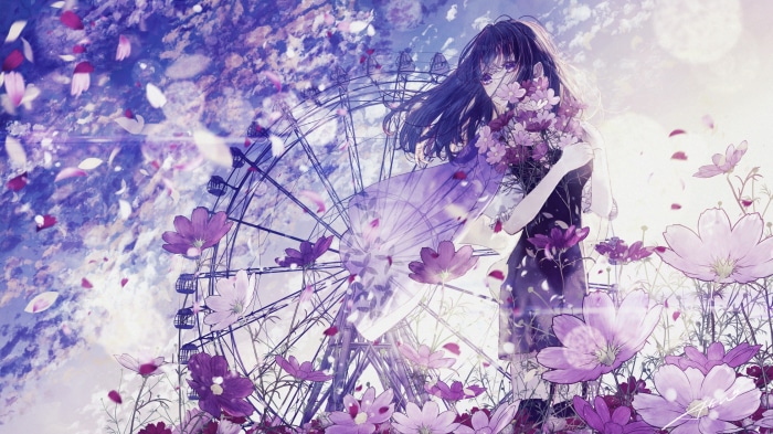 Anime girl with flowers and Ferris wheel