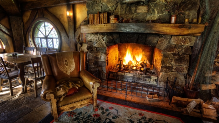 Cozy Hobbit Hole Living Room with Fireplace