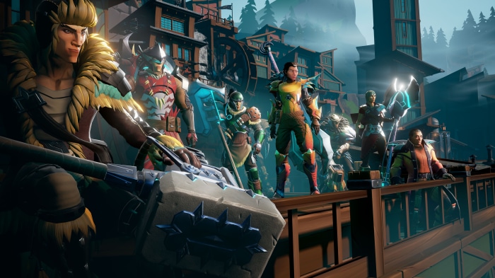 Dauntless characters on a wooden platform