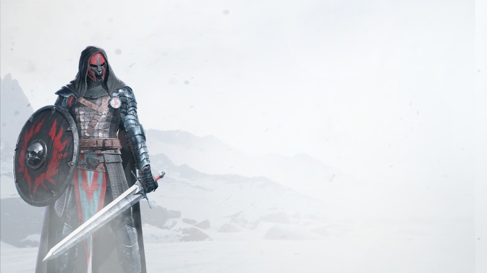 Warrior with sword and shield in snowy mountains