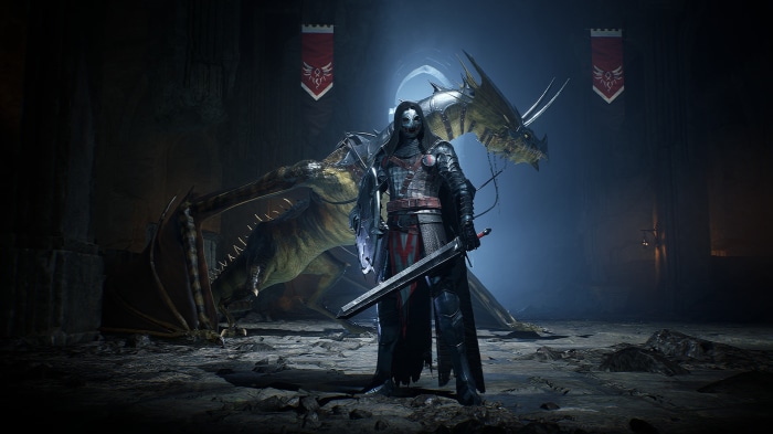 Knight and dragon in a dark castle