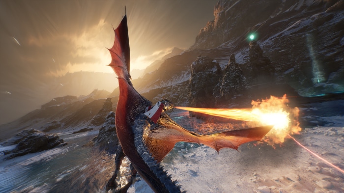 Dragon breathing fire in a snowy mountain landscape