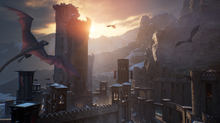 Dragons flying over a medieval castle at sunset
