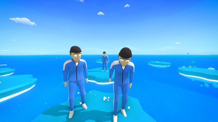 Crab Game characters on blue platforms