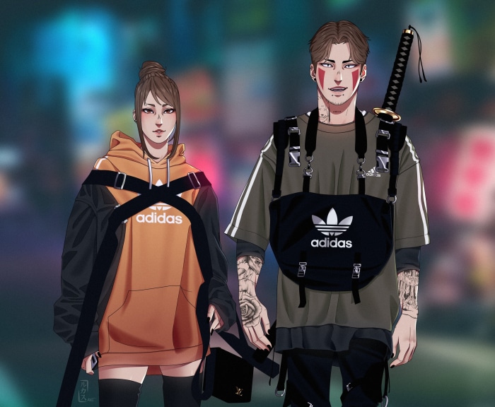 Couple in Adidas streetwear with katana