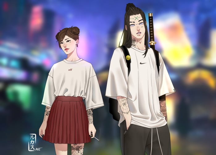 Tenten and Neji Hyuga from Naruto in modern attire