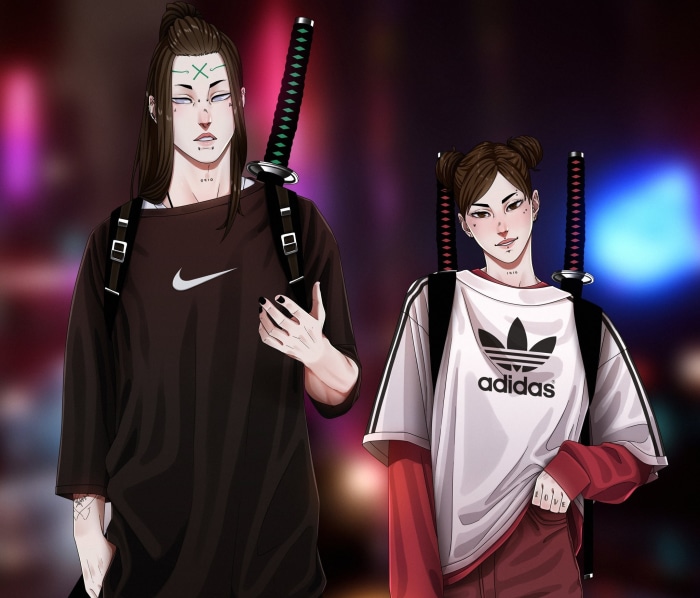 Neji Hyuga and Tenten from Naruto in modern streetwear