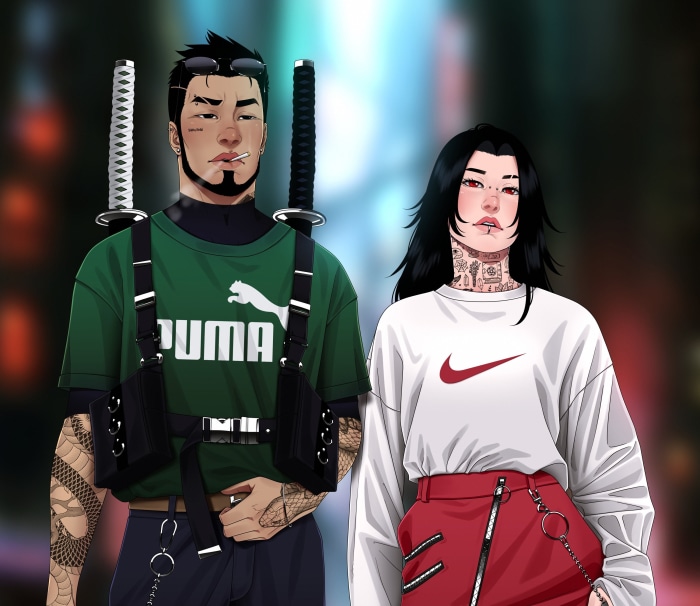 Couple with Puma and Nike outfits and swords
