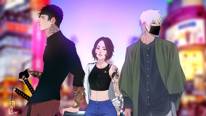 Anime characters with tattoos in a city