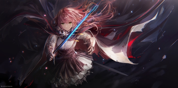 Girl with pink hair holding a glowing sword