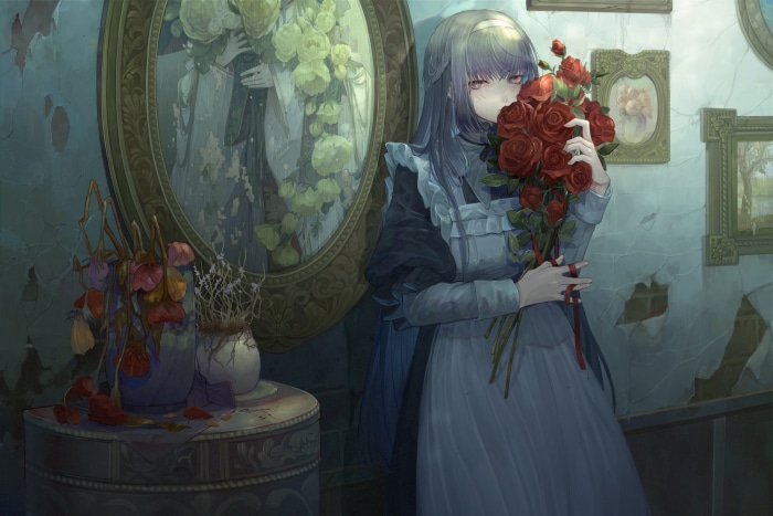 Girl in Maid Outfit Holding Roses