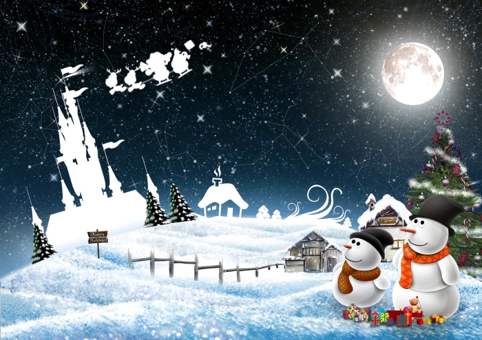 Christmas scene with Santa, snowmen, and castle