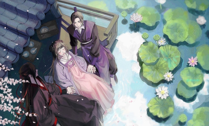 Jiang Yanli, Jiang Wanyin, and Wei Wuxian by a pond