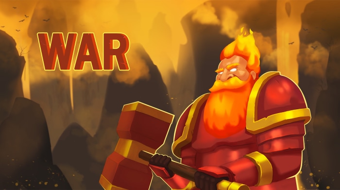 WAR text with a fiery warrior holding a hammer