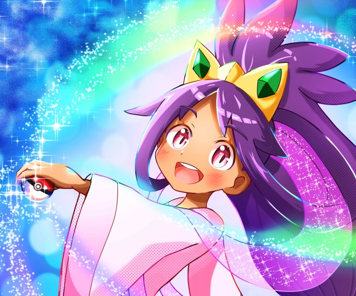 Iris from Pokémon holding a Poké Ball