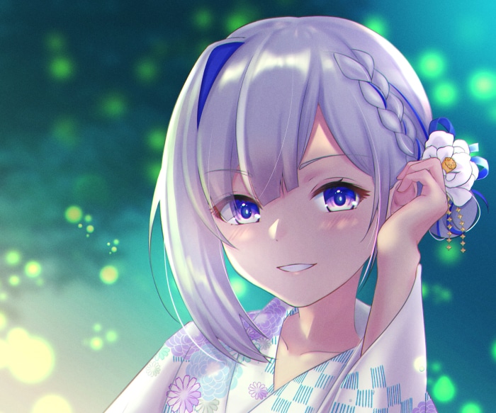 Amane Kanata from Hololive wearing a yukata
