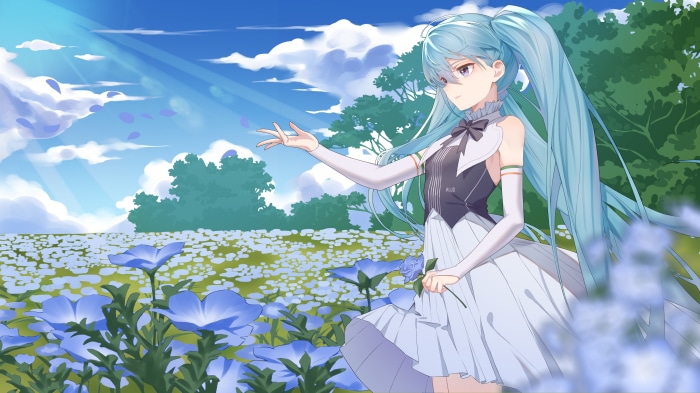 Hatsune Miku in a field of blue flowers