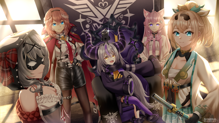 Hololive members Hakui Koyori, Takane Lui, Sakamata Chloe, La+ Darknesss, and Kazama Iroha