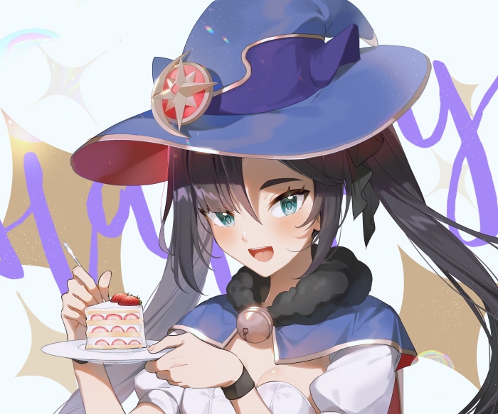 Mona from Genshin Impact with a slice of cake