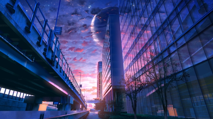 Cityscape with a large moon and colorful sky