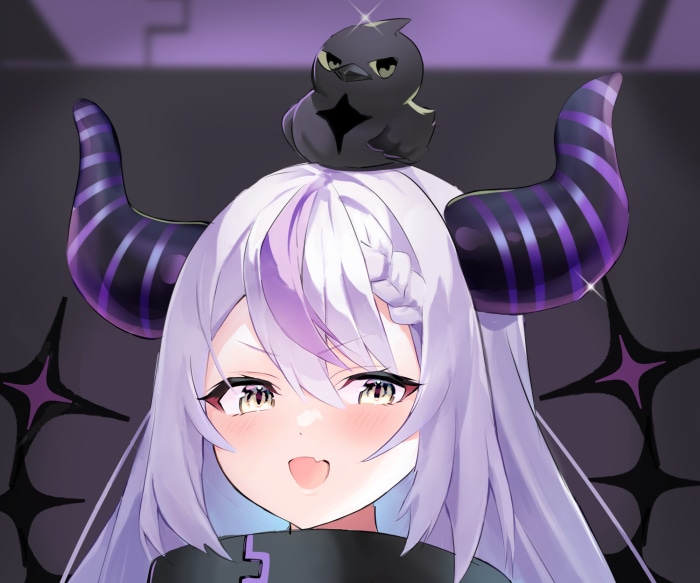 La+ Darknesss from Hololive with a bird on her head