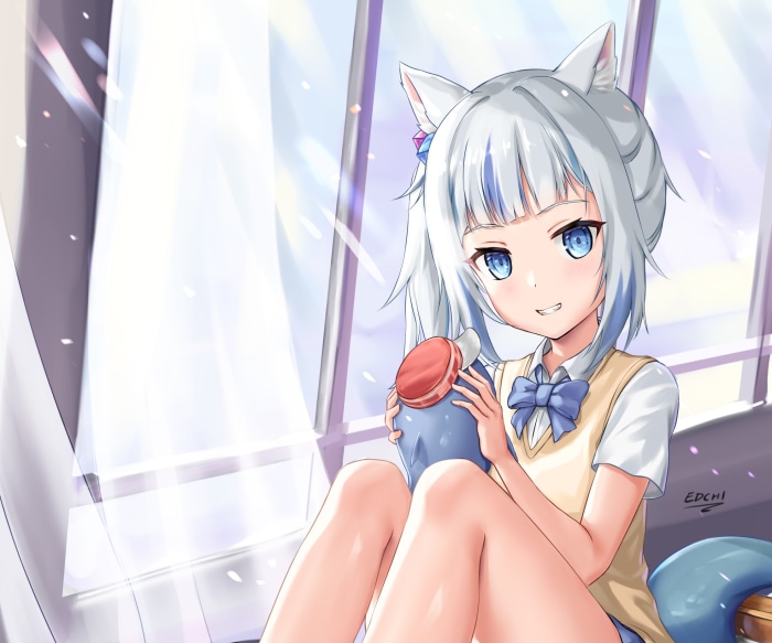 Gawr Gura from Hololive holding a bottle