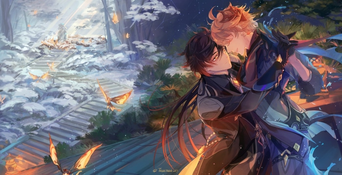 Zhongli and Tartaglia from Genshin Impact in a snowy landscape