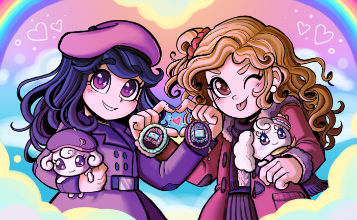 Bebe Stevens and Wendy Testaburger with Tamagotchis