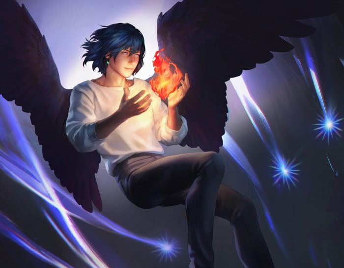 Howl from Howl's Moving Castle with wings and fire