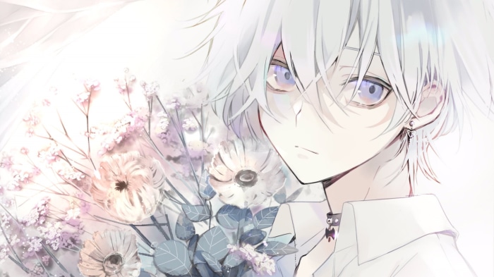 Anime Boy with White Hair and Flowers