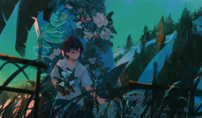 Girl holding flowers near dinosaur skeleton