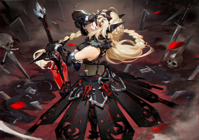 Girl with sword and armor in a battlefield
