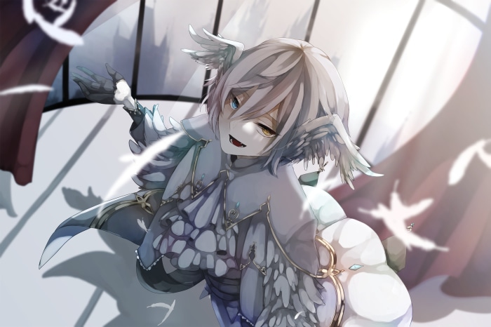 Anime boy with bird wings and heterochromia