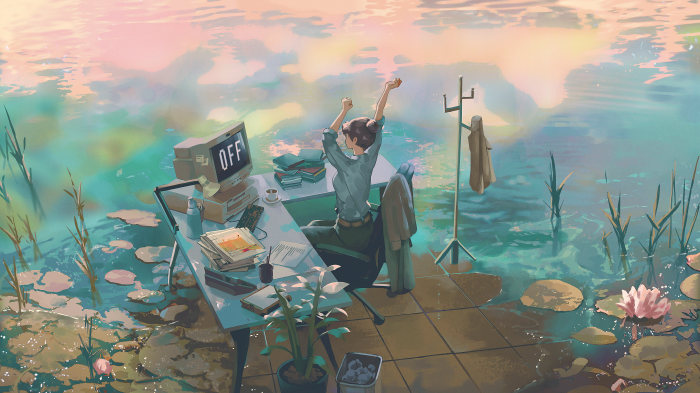 Girl stretching at a desk by the water