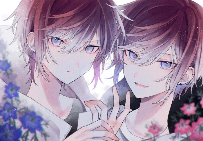 Two boys with purple and white hair