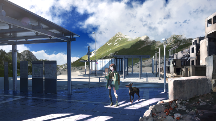 Girl with dog in ruined city with mountains