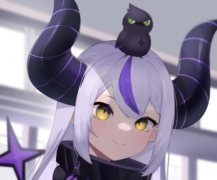 La+ Darknesss from Hololive with a bird on her head