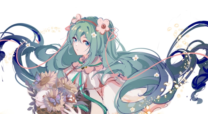 Hatsune Miku with flowers and butterflies