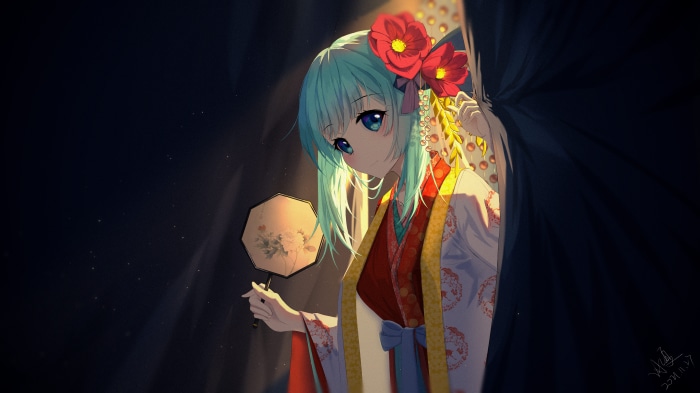 Hatsune Miku with Blue Hair and Flowers