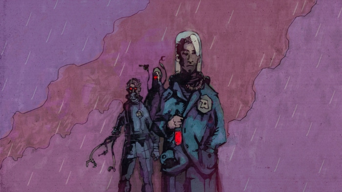 Mechajammer characters in the rain