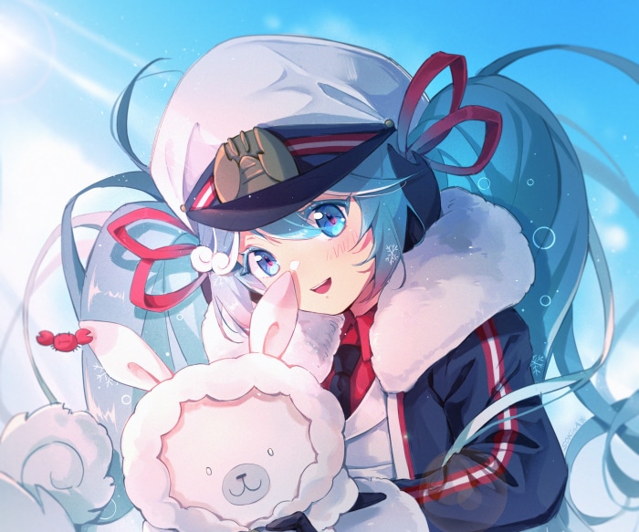 Hatsune Miku in winter outfit holding a plush toy