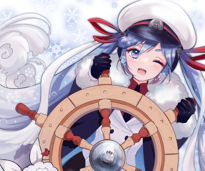 Hatsune Miku from Vocaloid at a ship's wheel