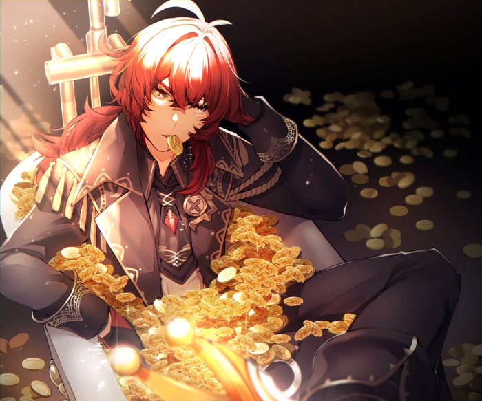 Diluc from Genshin Impact sitting in gold coins